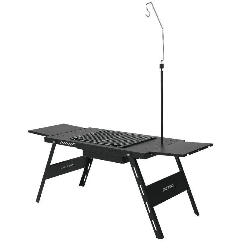 Black foldable steel outdoor barbecue table with integrated grill set, shown in round and square design options.