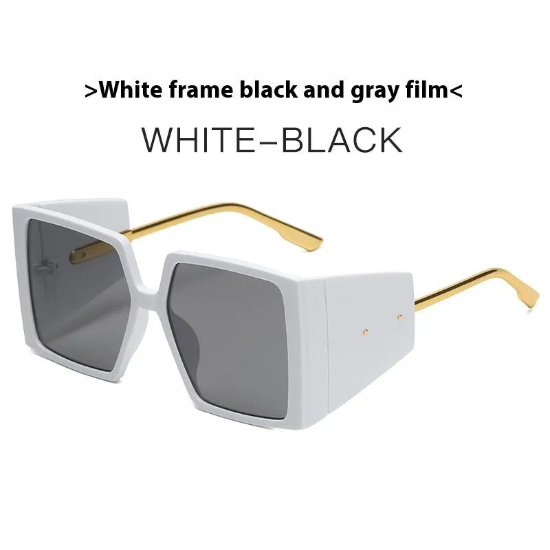A pair of large square frame sunglasses in a selection of colours including black, blue, and champagne.