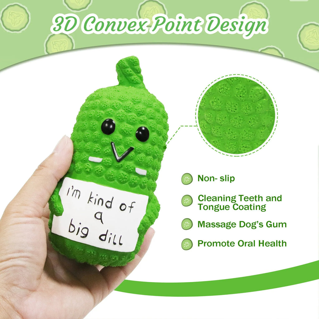 Green latex pickle dog toy with bumpy texture and squeaker inside.