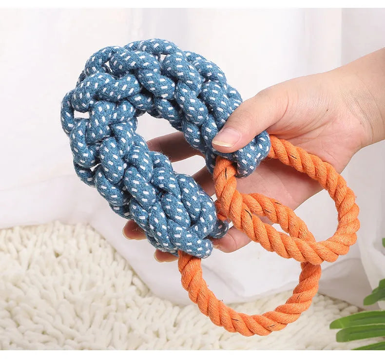 Blue braided cotton bone rope dog toy with double rings for interactive play