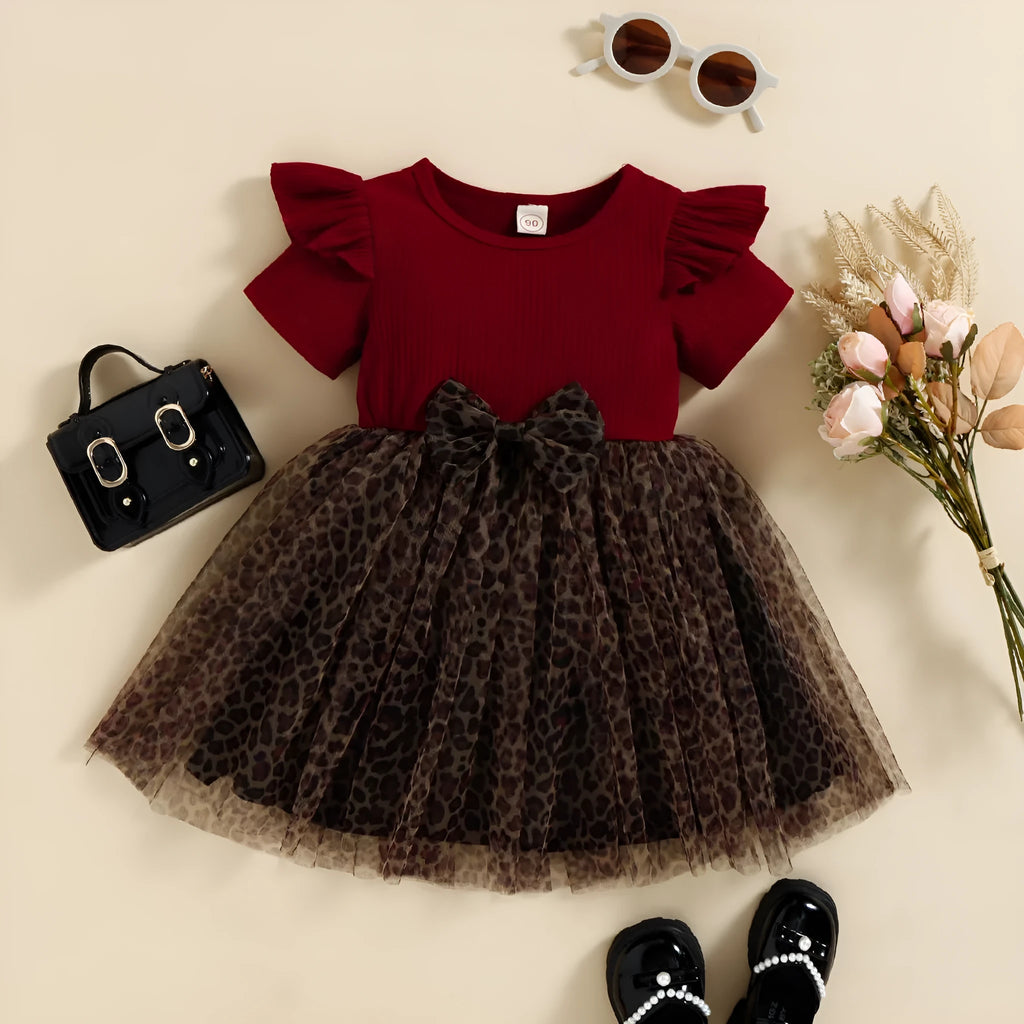 Girls cotton pullover dress with leopard print, mesh bow, short sleeves, in black and wine red colours