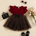 Girls cotton pullover dress with leopard print, mesh bow, short sleeves, in black and wine red colours