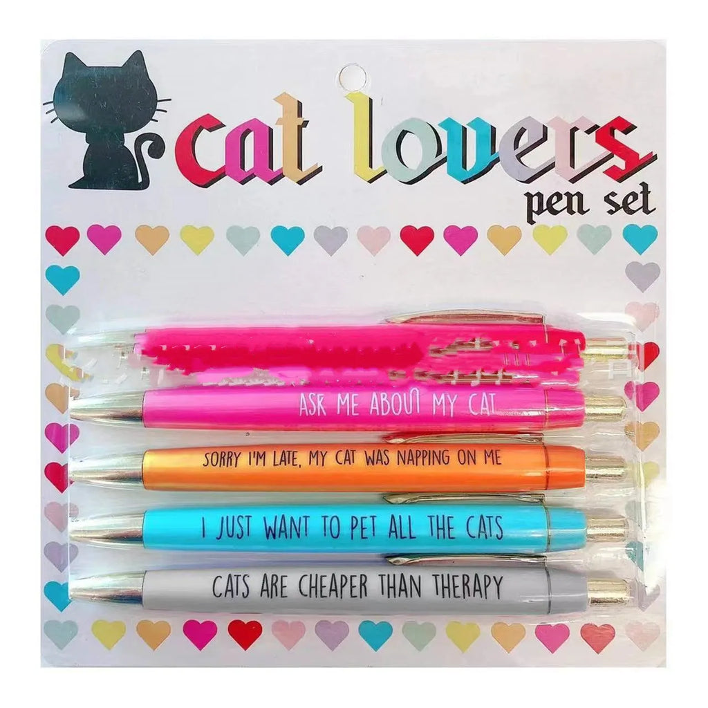 Set of five coloured push action automatic pens and a beaded storage bag