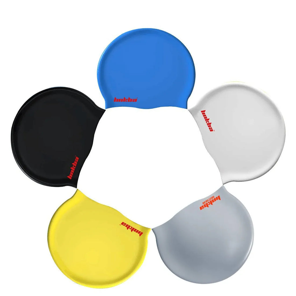 Silicone swimming cap with integrated earmuffs available in five colours with letters pattern