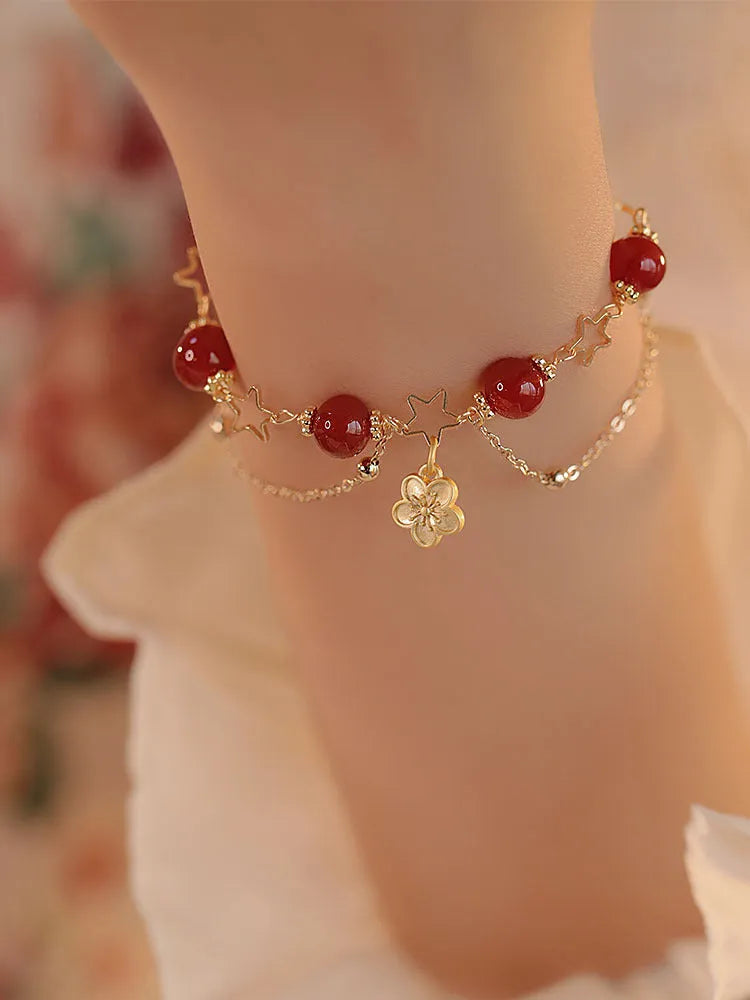 Red agate double layer bracelet with peach blossom design for women
