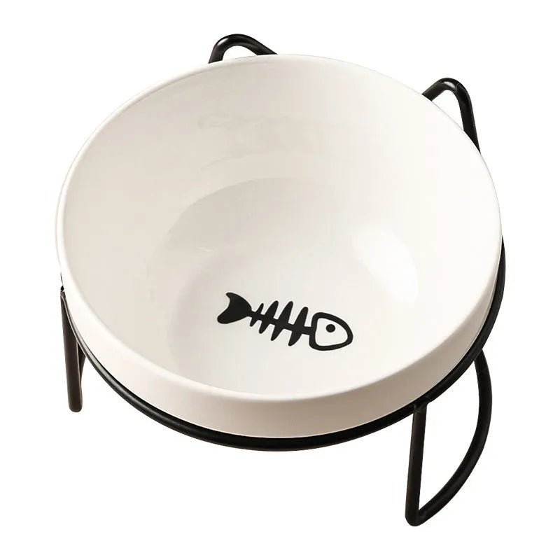 White ceramic cat bowl with cat paw pattern and black iron frame with cat ears
