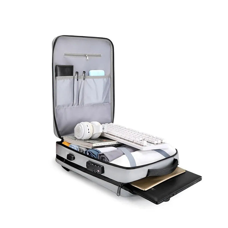 Black and silver white waterproof business backpack made from ABS PC and Oxford cloth with curved shoulder straps