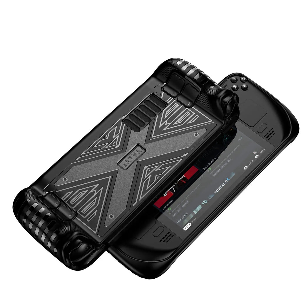 TPU silicone soft shell protective case for Steam Deck console in red, blue, and black colour options.