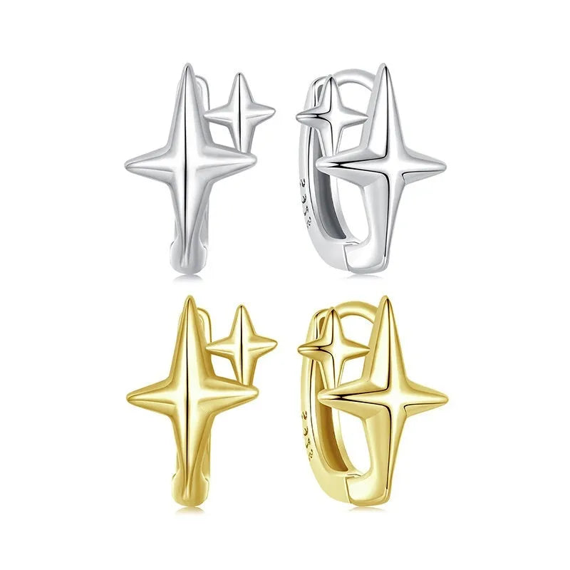 Minimalist silver star clip-on earrings with XINGX detail for women.