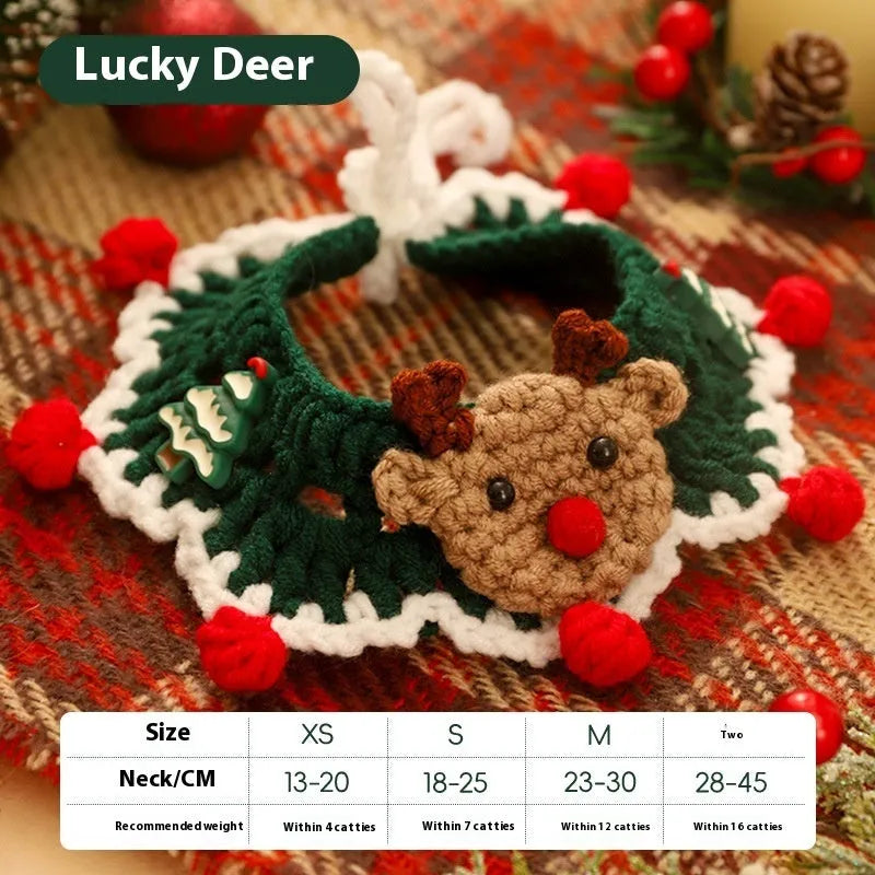 Christmas-themed wool scarf for pets on a dog, showing festive pattern options like snowflake Santa and gingerbread man.