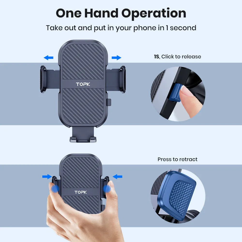 TOPKD46 in-car universal phone holder with multiple bracket styles including suction cup mount