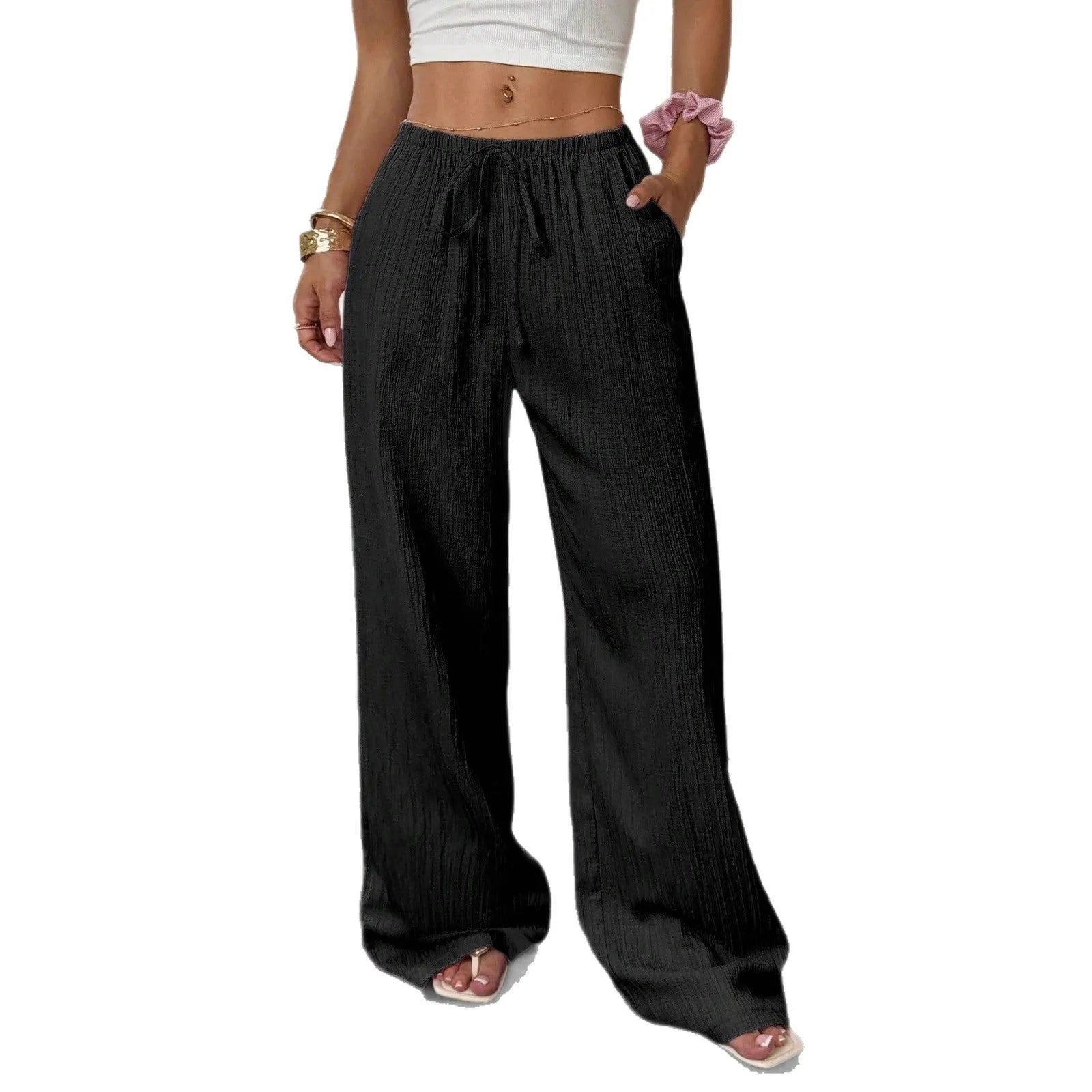 Black wide leg women's trousers with a lace-up detail on the mid waist