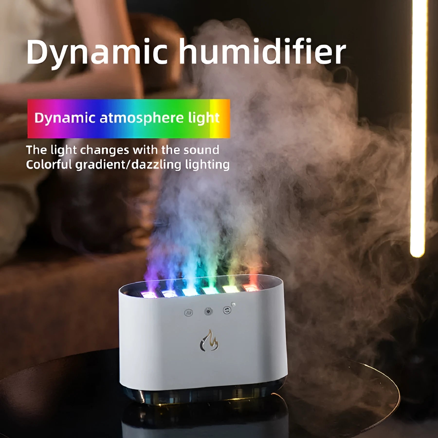 White large-capacity household humidifier with colourful LED light and mist output.