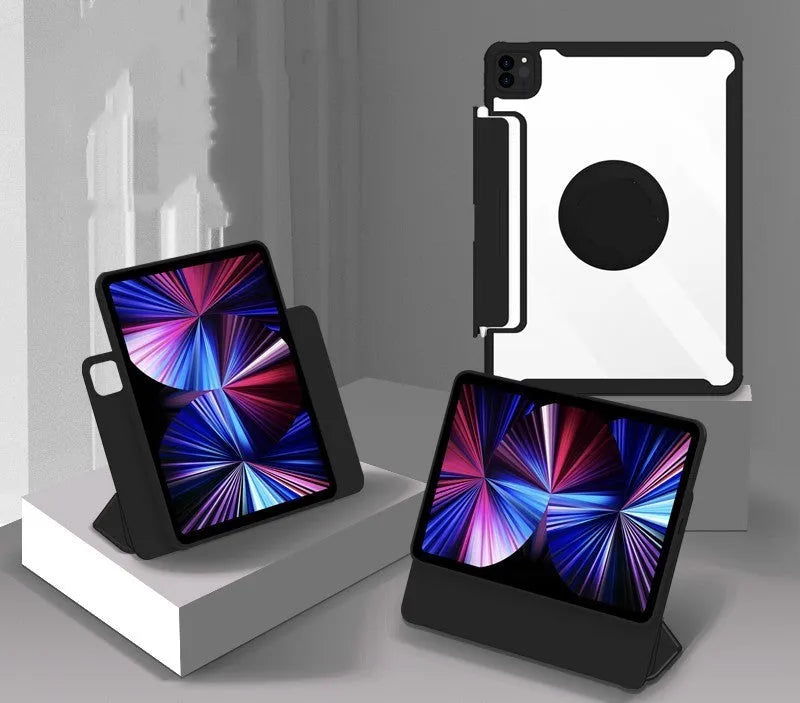 Magnetic iPad protective case in multiple colours showing retractable drawer for Apple Pencil.