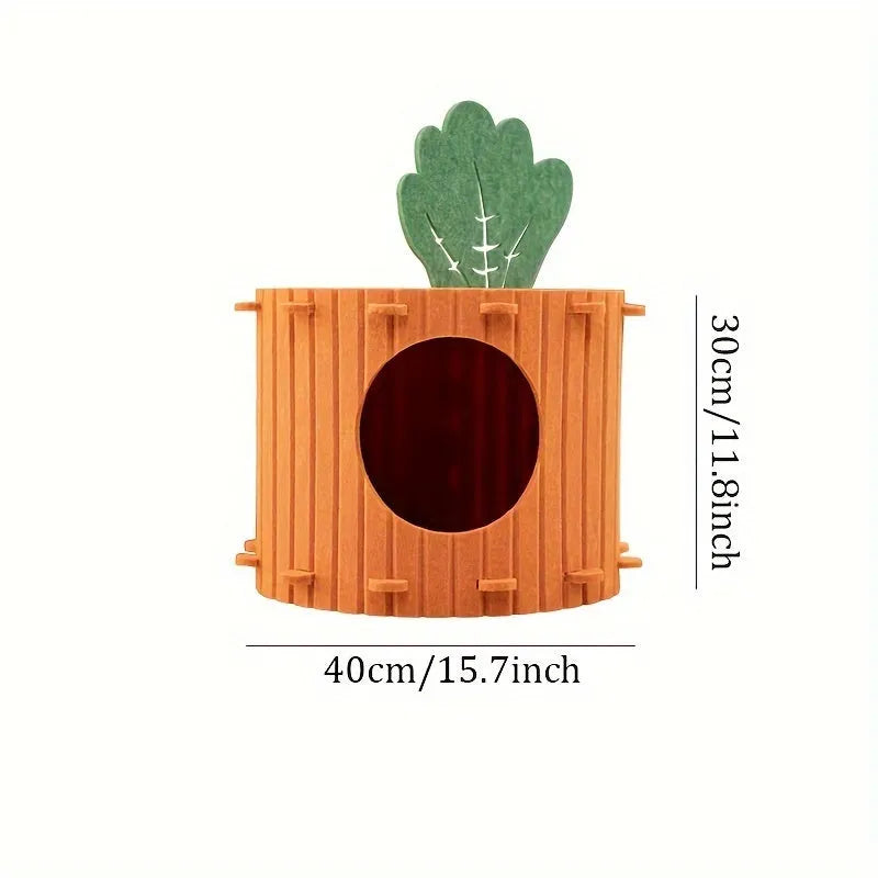 Carrot colour felt cat tunnel nest with semi-enclosed design showing drilled ventilation pattern