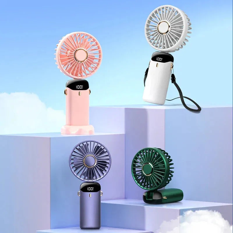 Portable USB rechargeable handheld fan with foldable neck design in multiple colour options