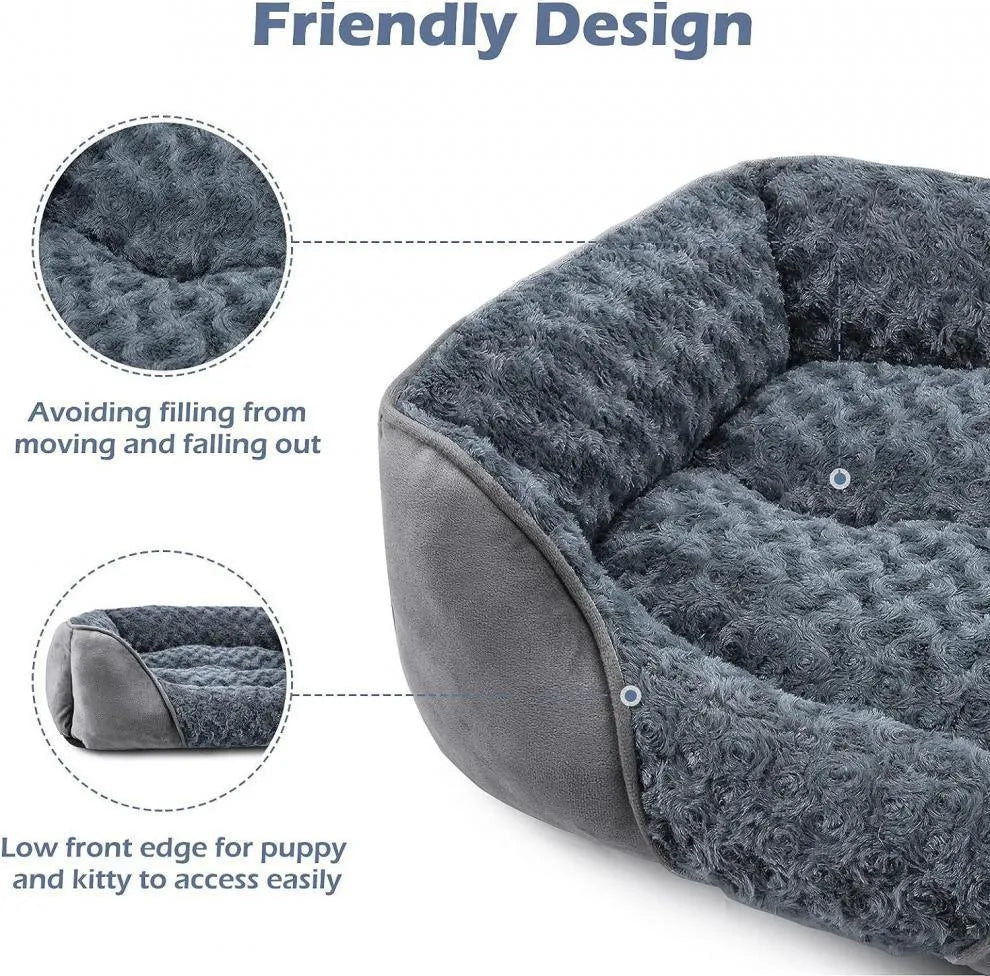 Golden Retriever stuffed enclosed pet kennel dog bed in beige, showing raised bolster edges and nest design.