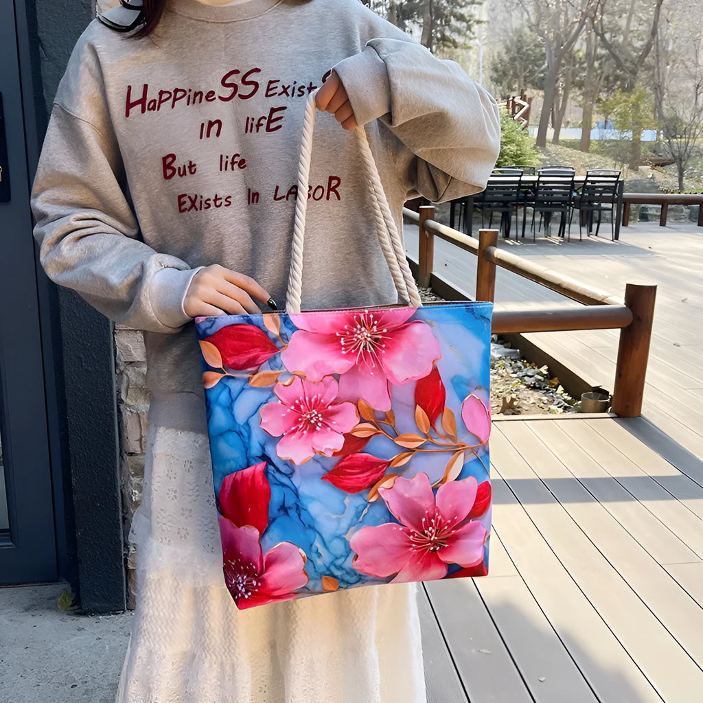 Cotton and linen canvas shoulder bag with double straps showing open pocket and zippered compartments