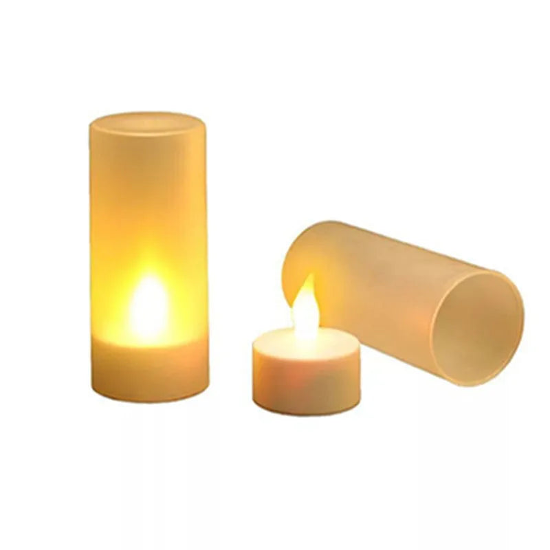 White plastic USB rechargeable LED candle lamp with flickering flame effect on wooden table