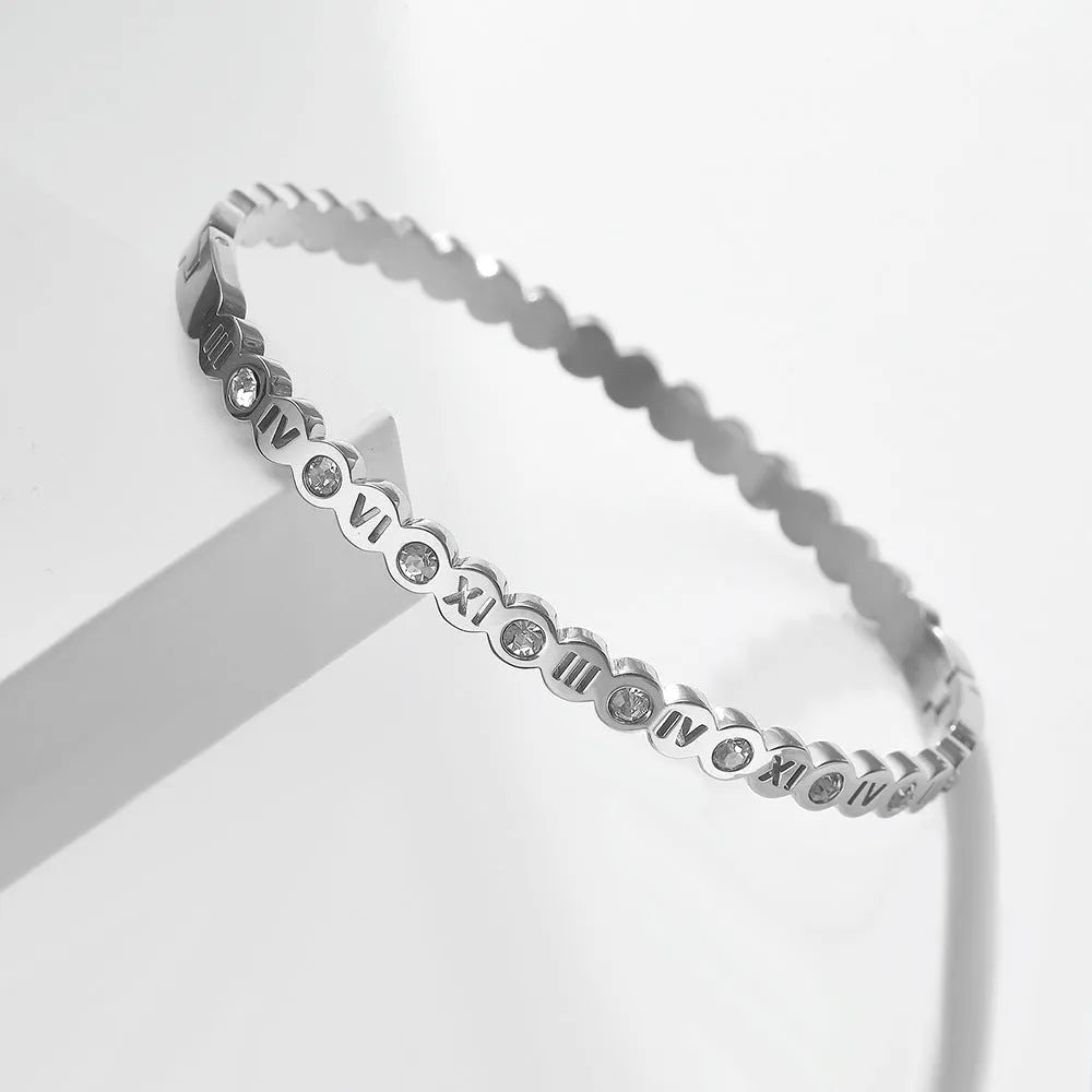 Korean-style titanium steel bracelet with electroplated finish in gold, rose gold or steel colour featuring number design elements
