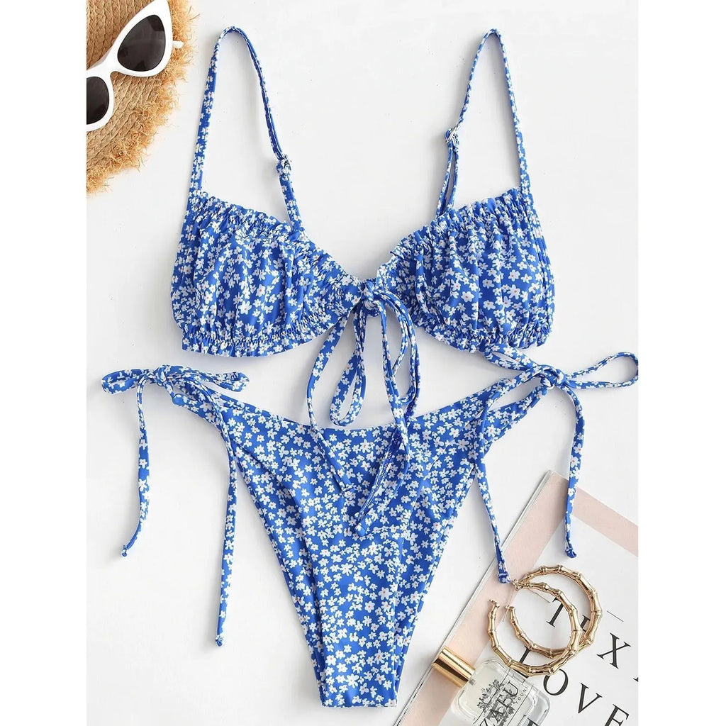 Blue printed multi-rope banded bikini swimsuit with short sleeves and lapel collar