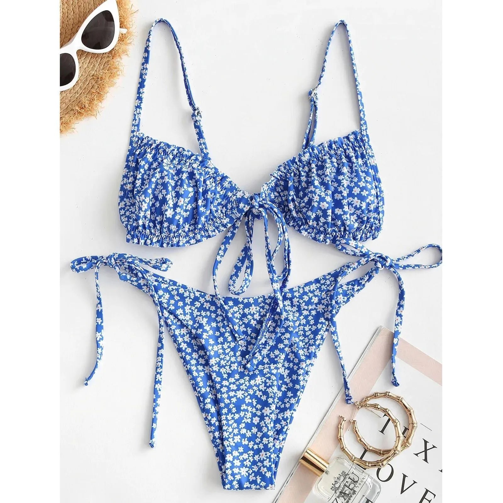 Blue printed multi-rope banded bikini swimsuit with short sleeves and lapel collar