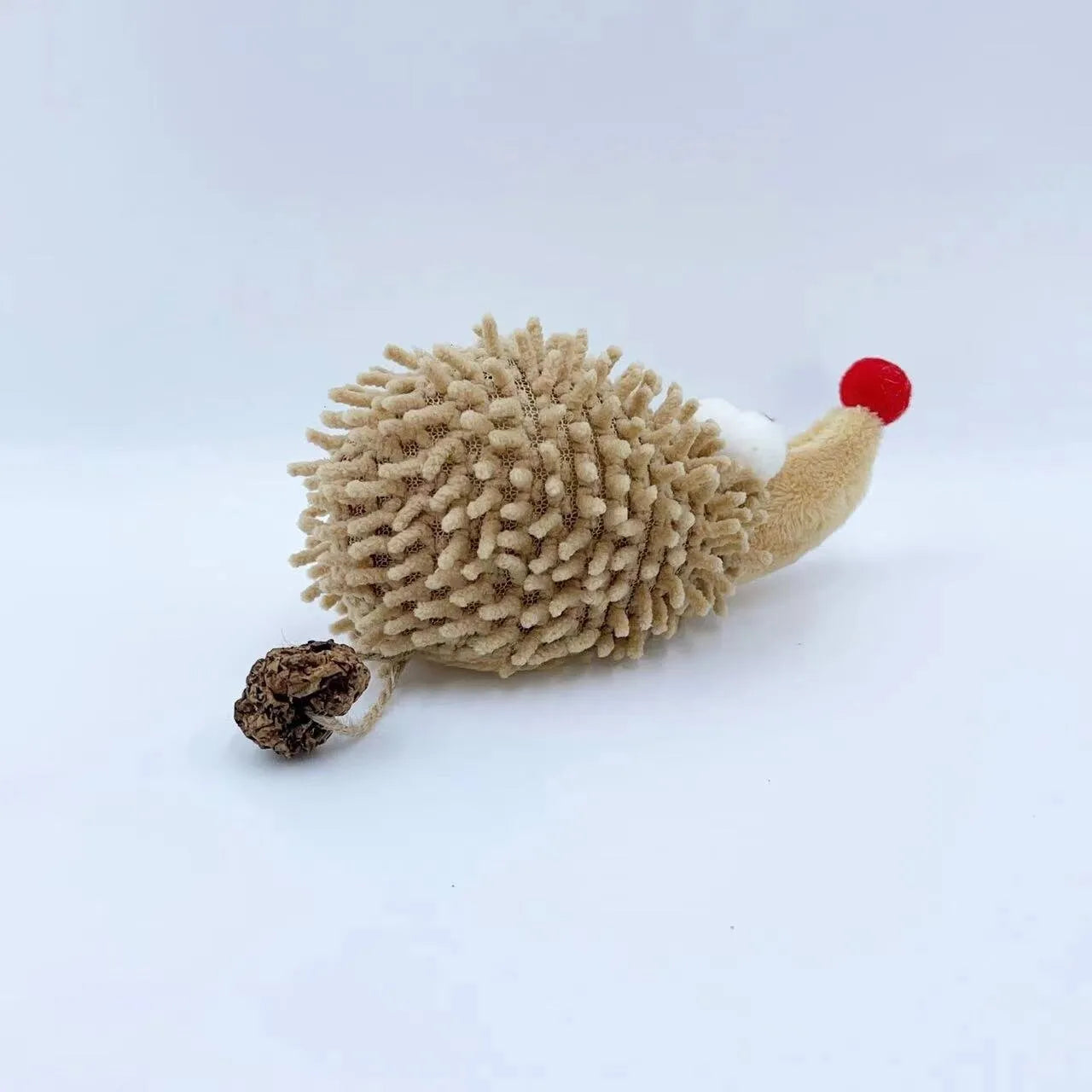 Cute plush cartoon hedgehog cat toy in khaki, made from chenille with catnip for nibbling play