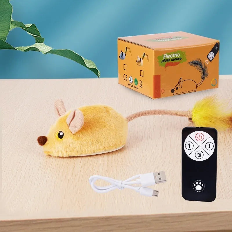 Grey and yellow plush simulation mouse cat toys with remote control on wooden floor