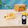 Grey and yellow plush simulation mouse cat toys with remote control on wooden floor