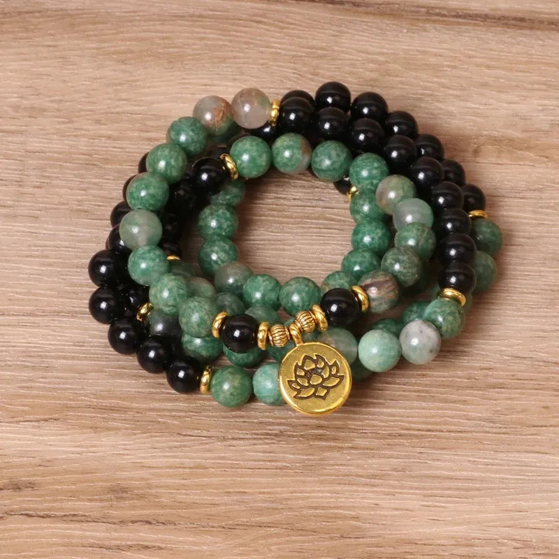 Green and black elastic beaded alloy bracelet with natural styling for wrist accessory