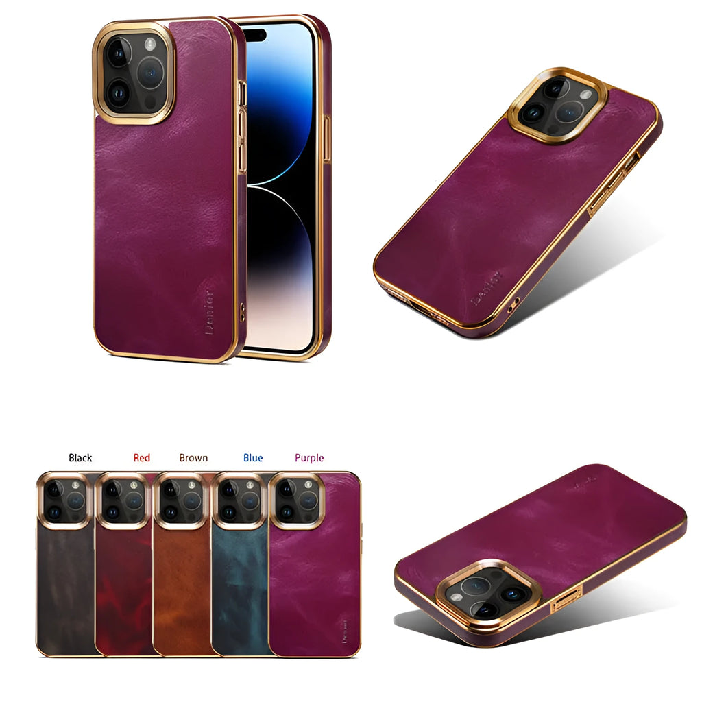 Handmade vintage leather iPhone case in black showing slim profile and precise cutouts.