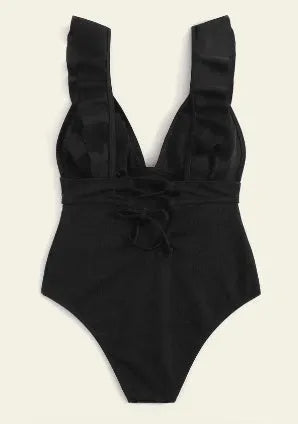 Women's one-piece swimsuit with ruffled shoulders, adjustable straps and back lace design in solid colour