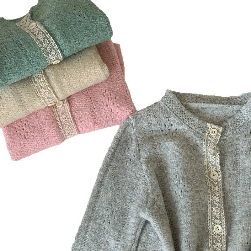 Artistic retro Korean knitwear cardigan coat in loose free size, shown in apricot colour.