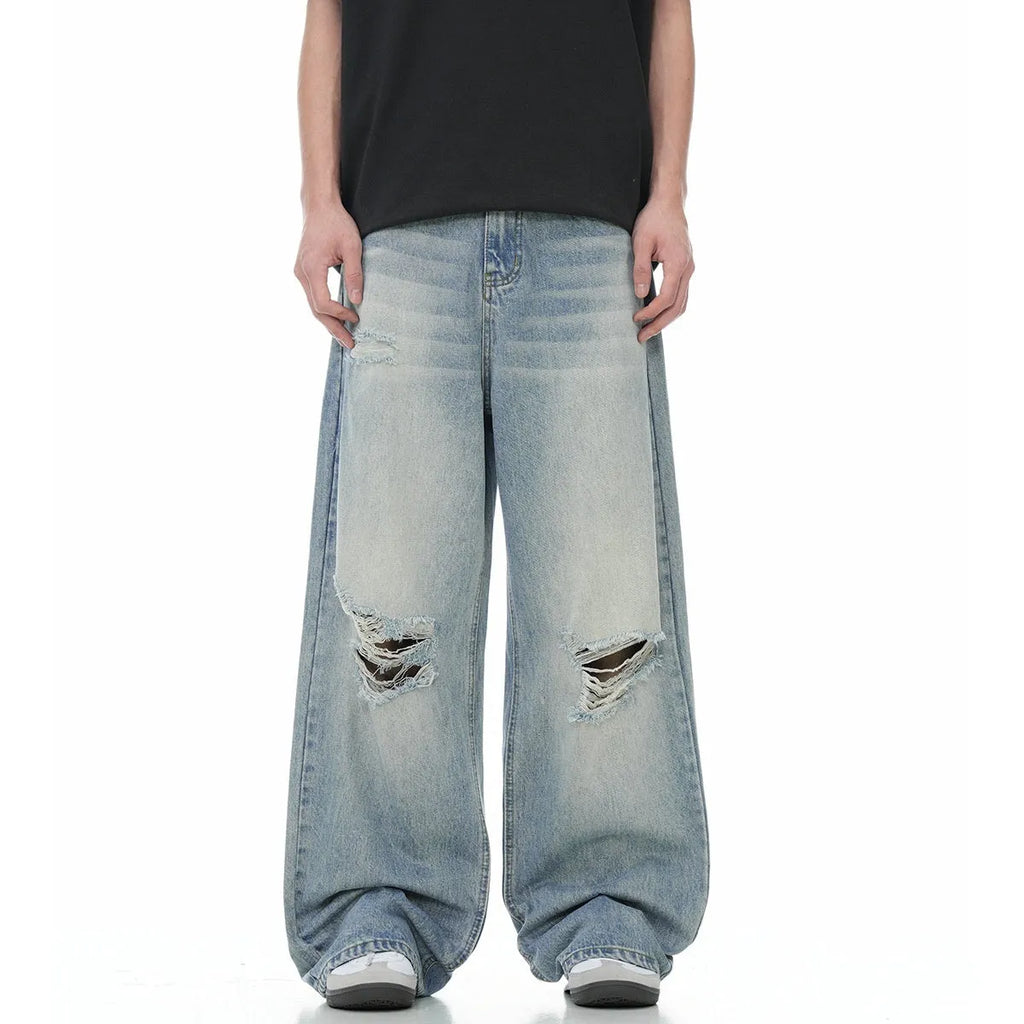 Blue cotton blend straight-leg men's jeans with zipper fly and retro styling