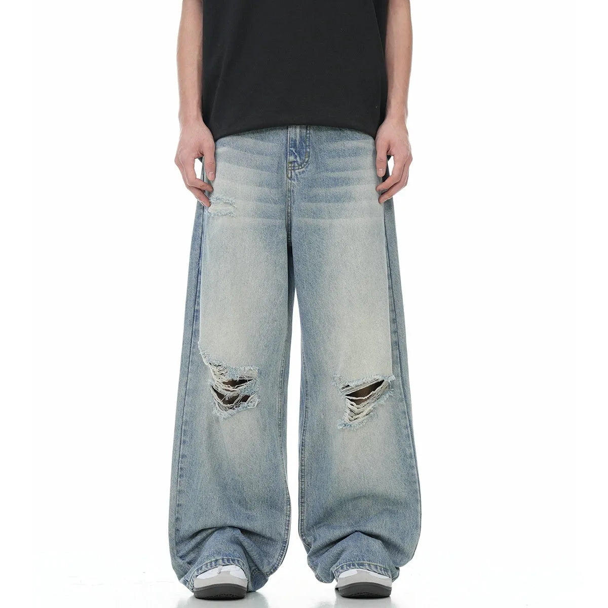 Blue cotton blend straight-leg men's jeans with zipper fly and retro styling