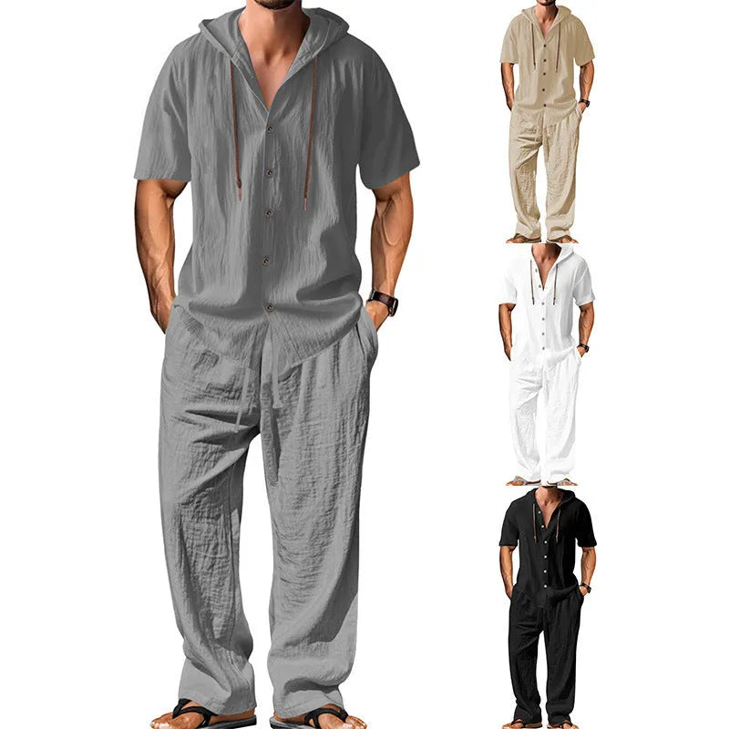 Men's casual cotton sports leisure suit in four colour options with long sleeves and trousers