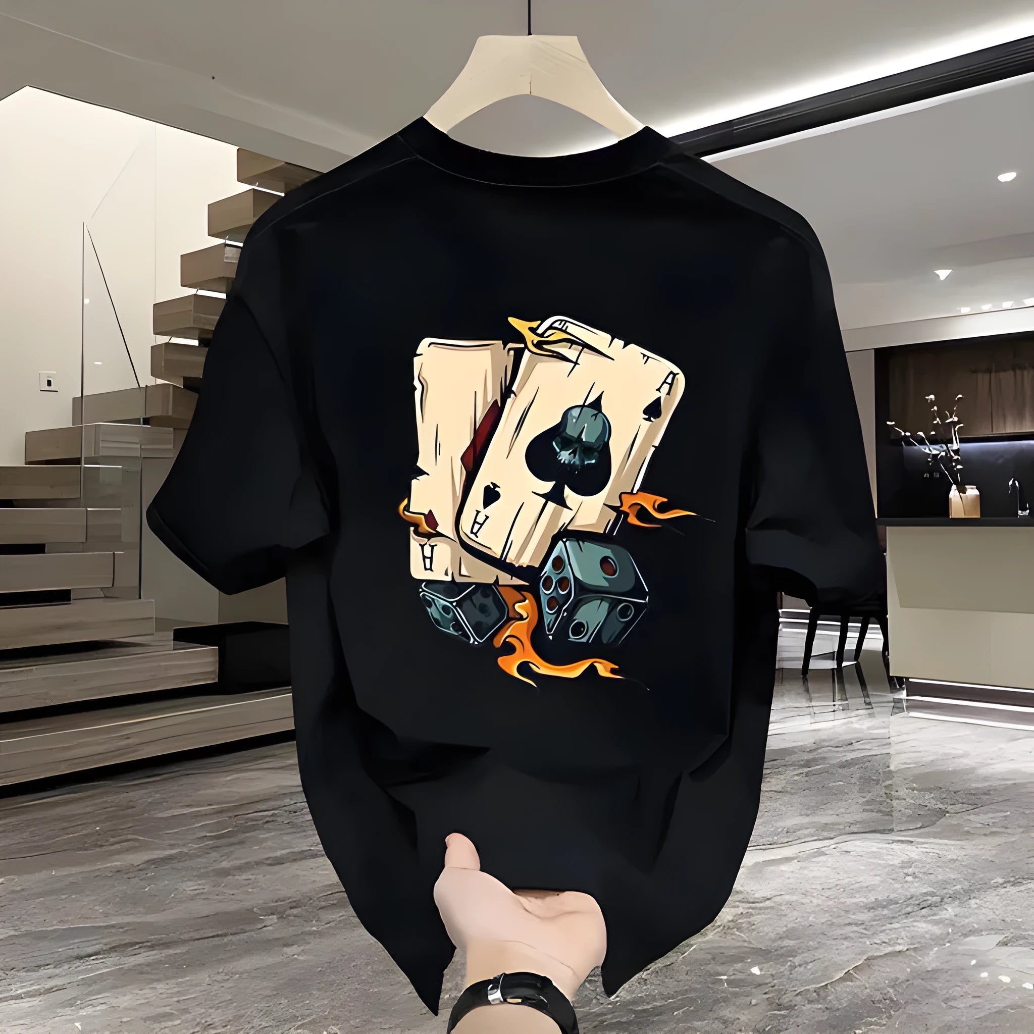 Men's heavyweight black cotton short-sleeved T-shirt with printed design, showing fabric texture and fit