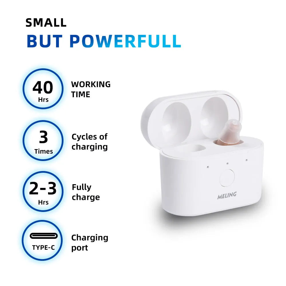 Beige and red-blue rechargeable behind-the-ear hearing aid with magnetic charging case.