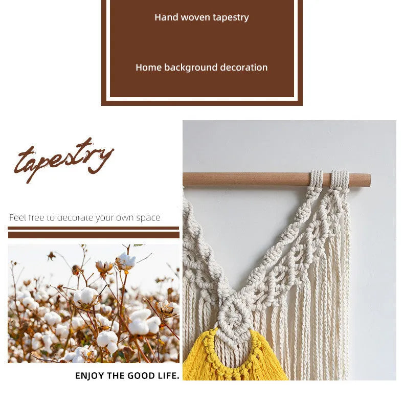Nordic style hand-made woven cotton tapestry rectangle 120x95cm creamy white yellow wall hanging