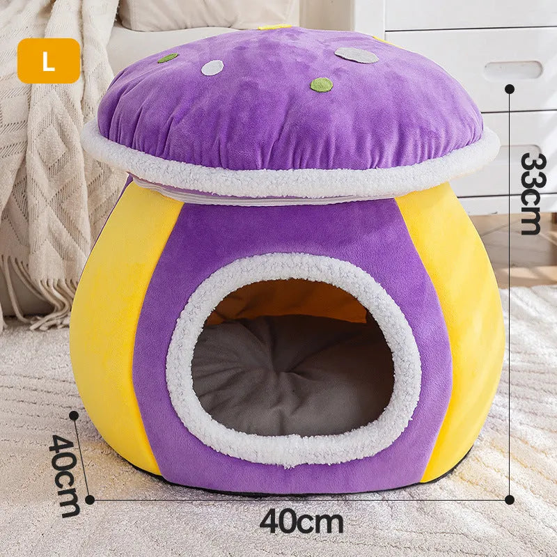Grey plush mushroom-shaped cat bed with a detachable blanket inside a pet cage.