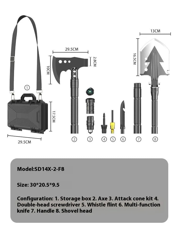 Black multi-functional military shovel set with axe and knife, packed in a hard carry case.