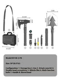 Black multi-functional military shovel set with axe and knife, packed in a hard carry case.