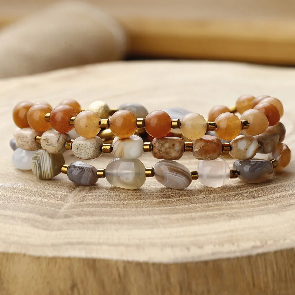 Hand-woven multi-layer bracelet made from Persian Gulf agate with geometry shape and texture details in colour 3790.