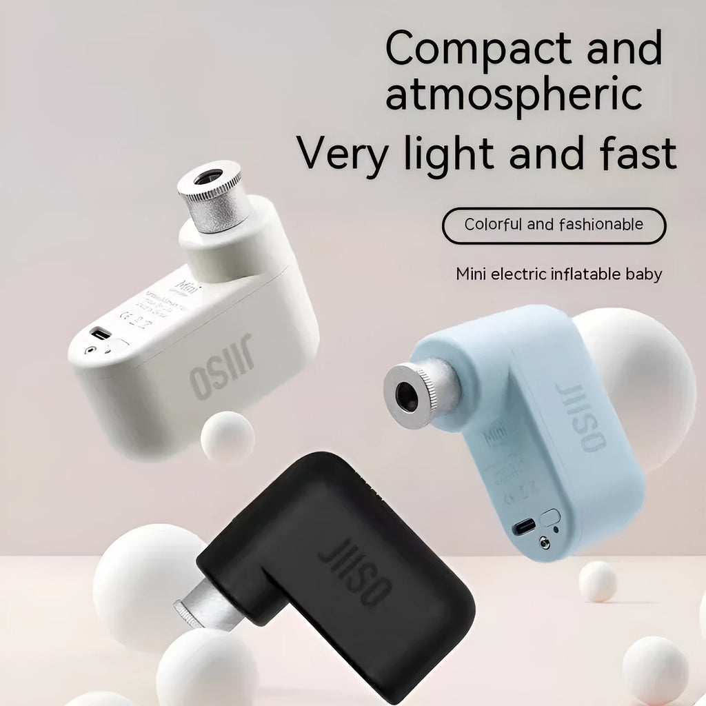 Mini electric portable bicycle pump in black, light blue, or white with charging cable and valve accessories