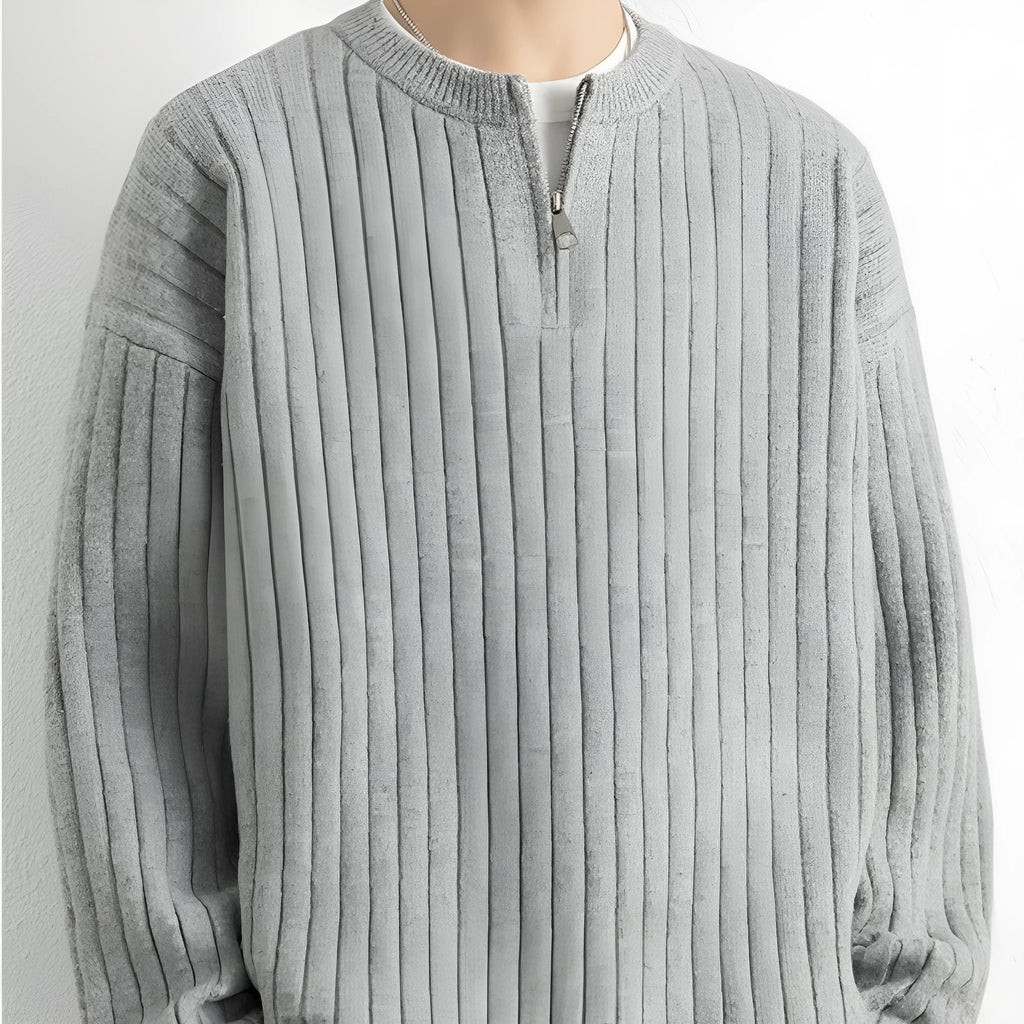 Men's half zip loose pullover sweater in textured knit polyester, shown in grey colour