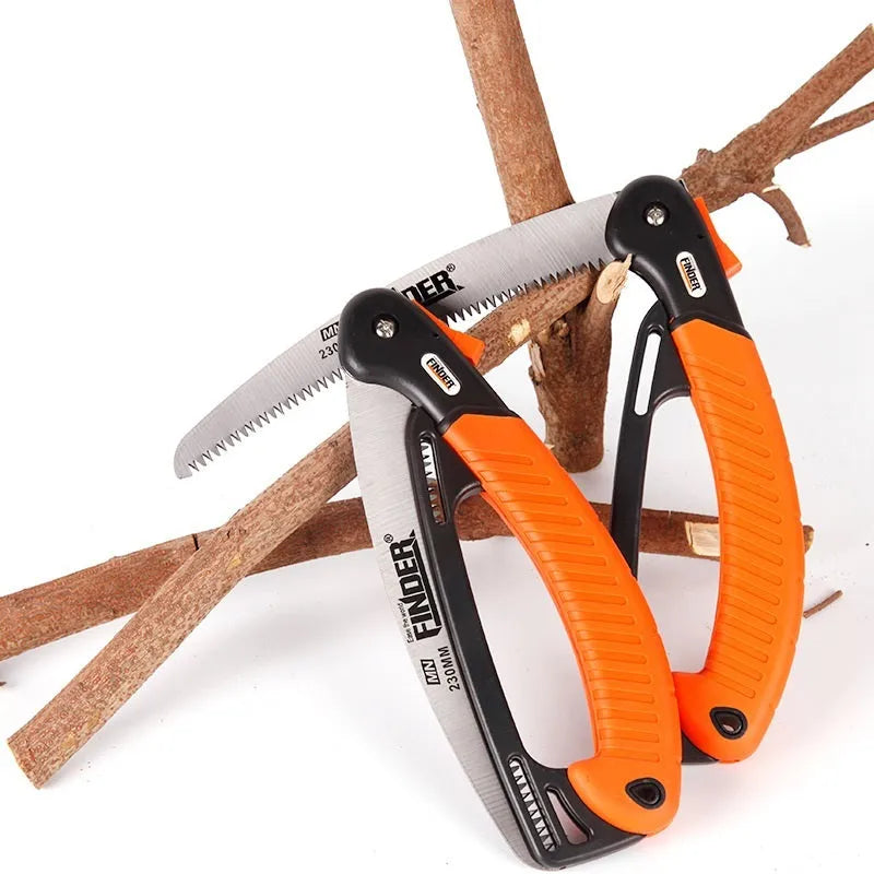 Folding garden pruning saw with a 230mm blade and black TPR grip shown open and closed.