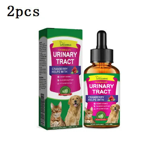 60ml bottle of natural pet care drops with dropper, containing cranberry and echinacea extract.
