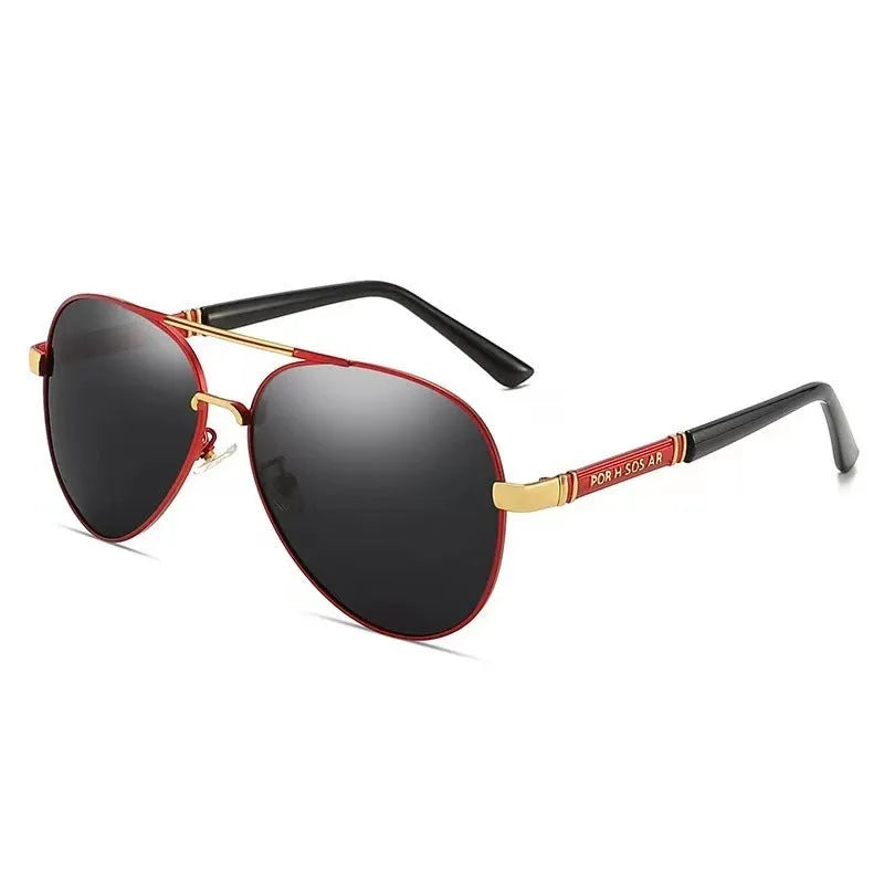 Men's polarised sunglasses with metal frame and interchangeable colour lenses for sun protection.