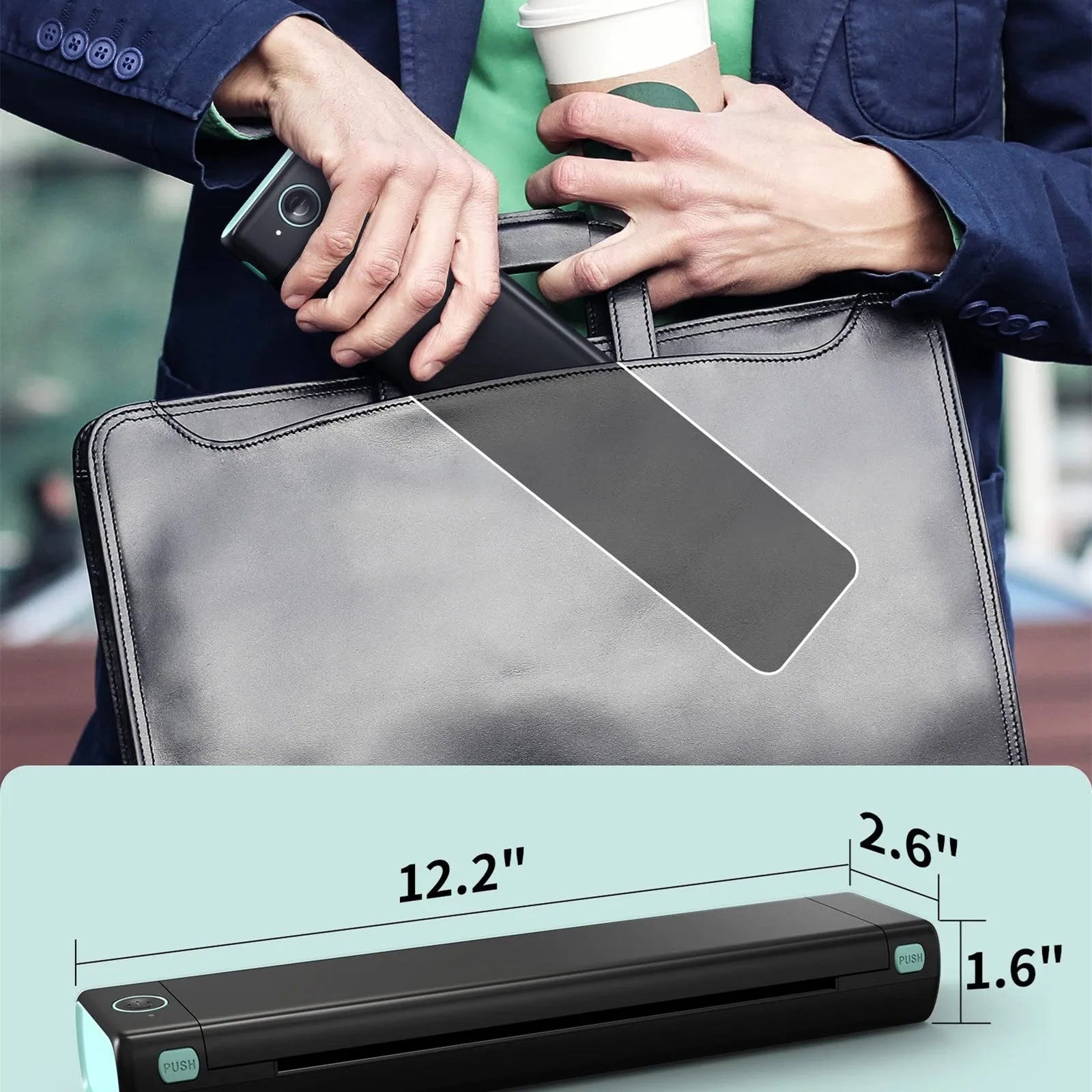Phomemo M08F white portable A4 thermal printer with charging cable on desk