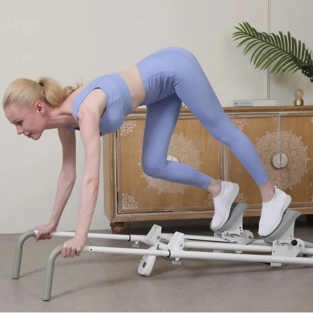 Starlight White foldable treadmill integrated with a climbing frame for home gym use.